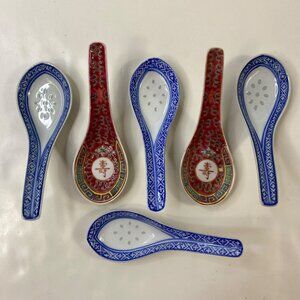 Set of 6 Porcelain Chinese Mun Shou Ceramic Soups Spoon Rice Eyes
